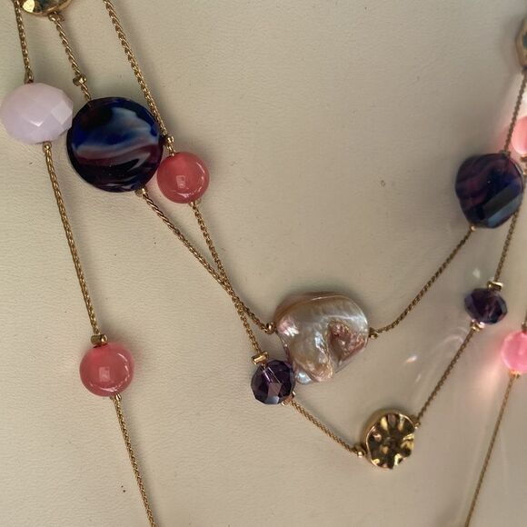 Multi-Strand Pink Purple Beaded Layered Floating Women’s Necklace - Picture 5 of 8